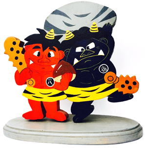 薬袋工房HALは、福山市神辺町に伝わる「八丈岩の鬼伝説」から生まれたキャラクター、青鬼「権（ゴン）」と赤鬼「八（ハチ）」を応援しています。